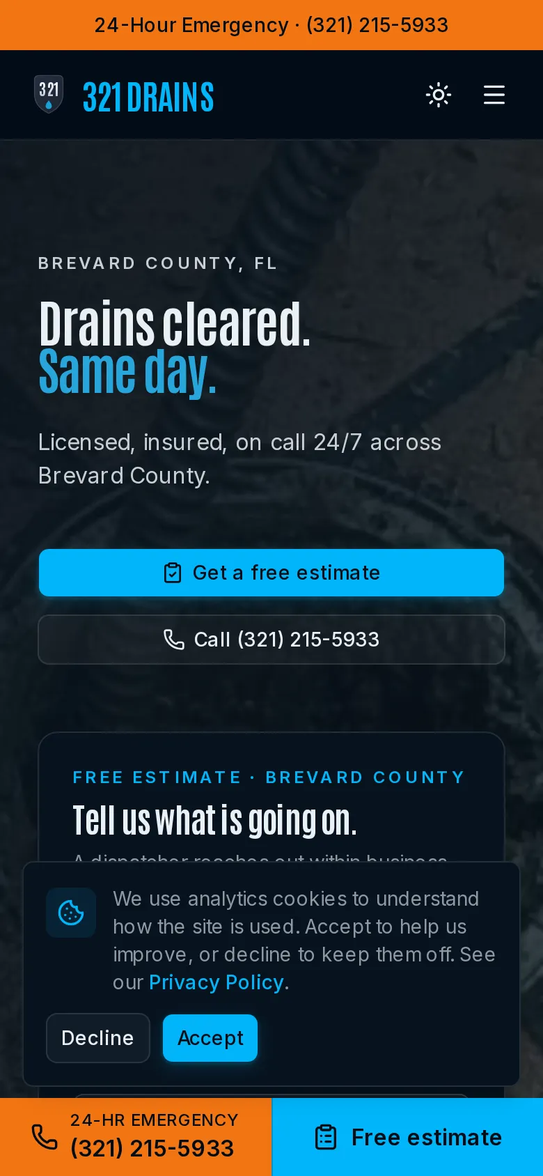 321 Drains on mobile — 24-hour emergency banner, "Drains cleared. Same day." headline, and Get a free estimate and Call buttons