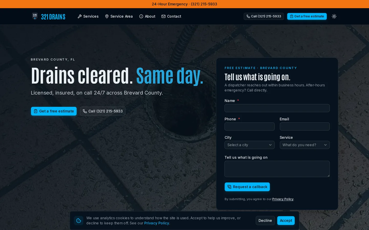 321 Drains — hero screenshot