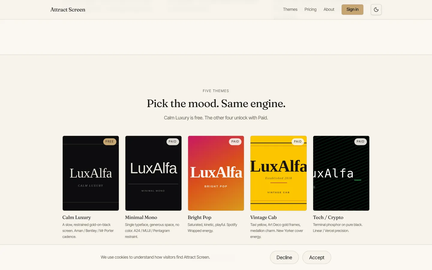 Attract Screen theme gallery — five themes (Calm Luxury free, Minimal Mono, Bright Pop, Vintage Cab, Tech / Crypto) rendered as branded phone screens
