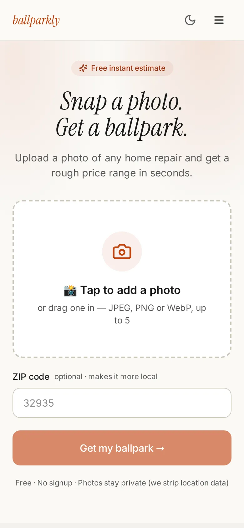 Ballparkly on mobile — "Snap a photo. Get a ballpark." with a photo upload zone and an example estimate of $3,200 to $5,800