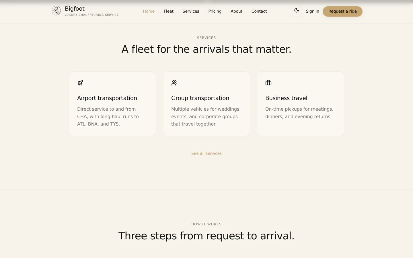 Bigfoot Luxury Chauffeuring homepage with the headline "A quieter way to arrive." above request-a-ride and call buttons