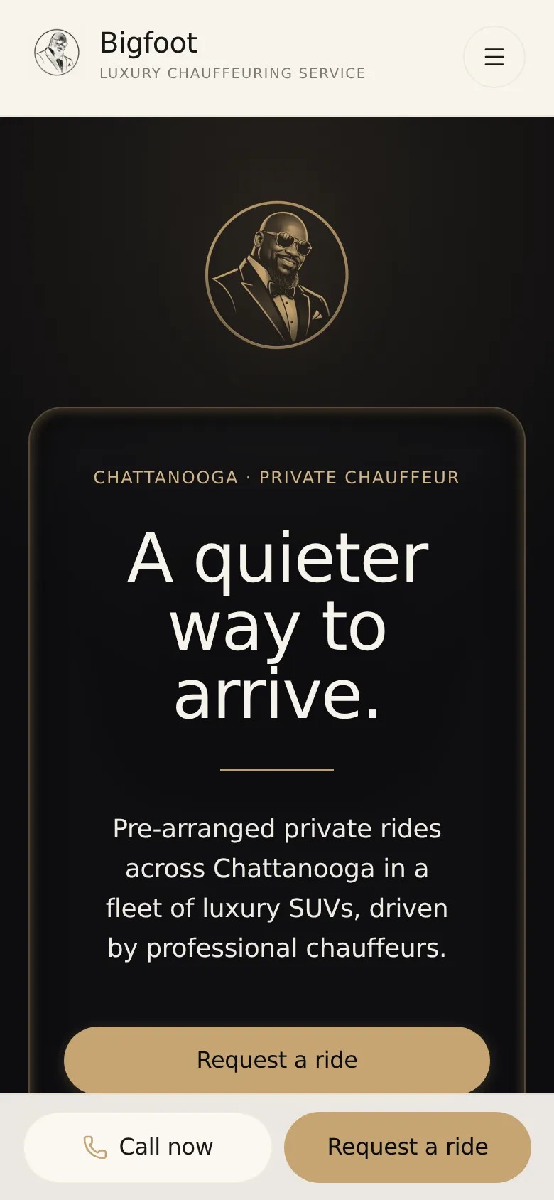 Bigfoot Luxury Chauffeuring on mobile — private chauffeur hero with a request-a-ride button