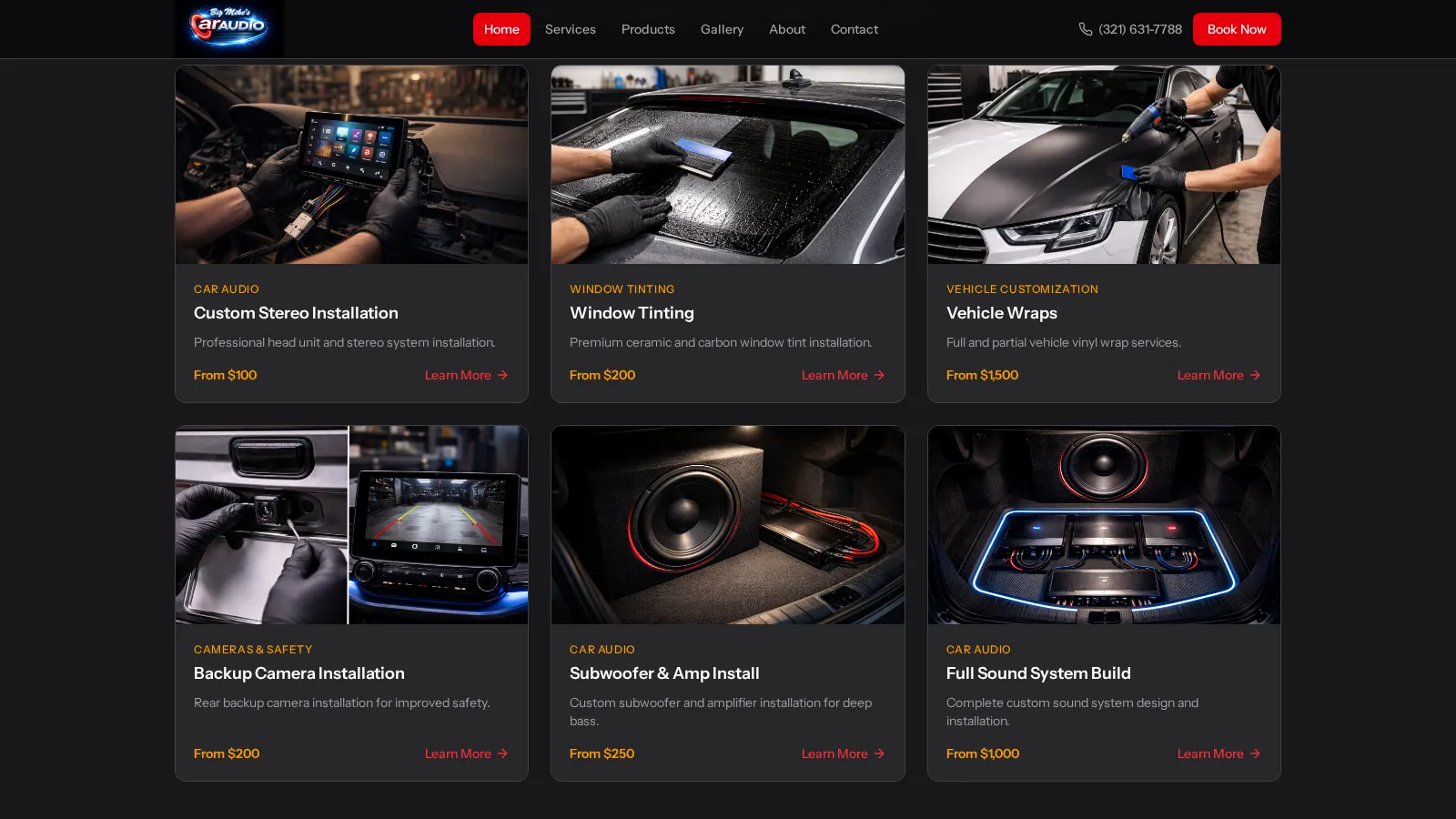 Service grid showing Custom Stereo Installation, Window Tinting, Vehicle Wraps, Backup Camera, and Full Sound System Build