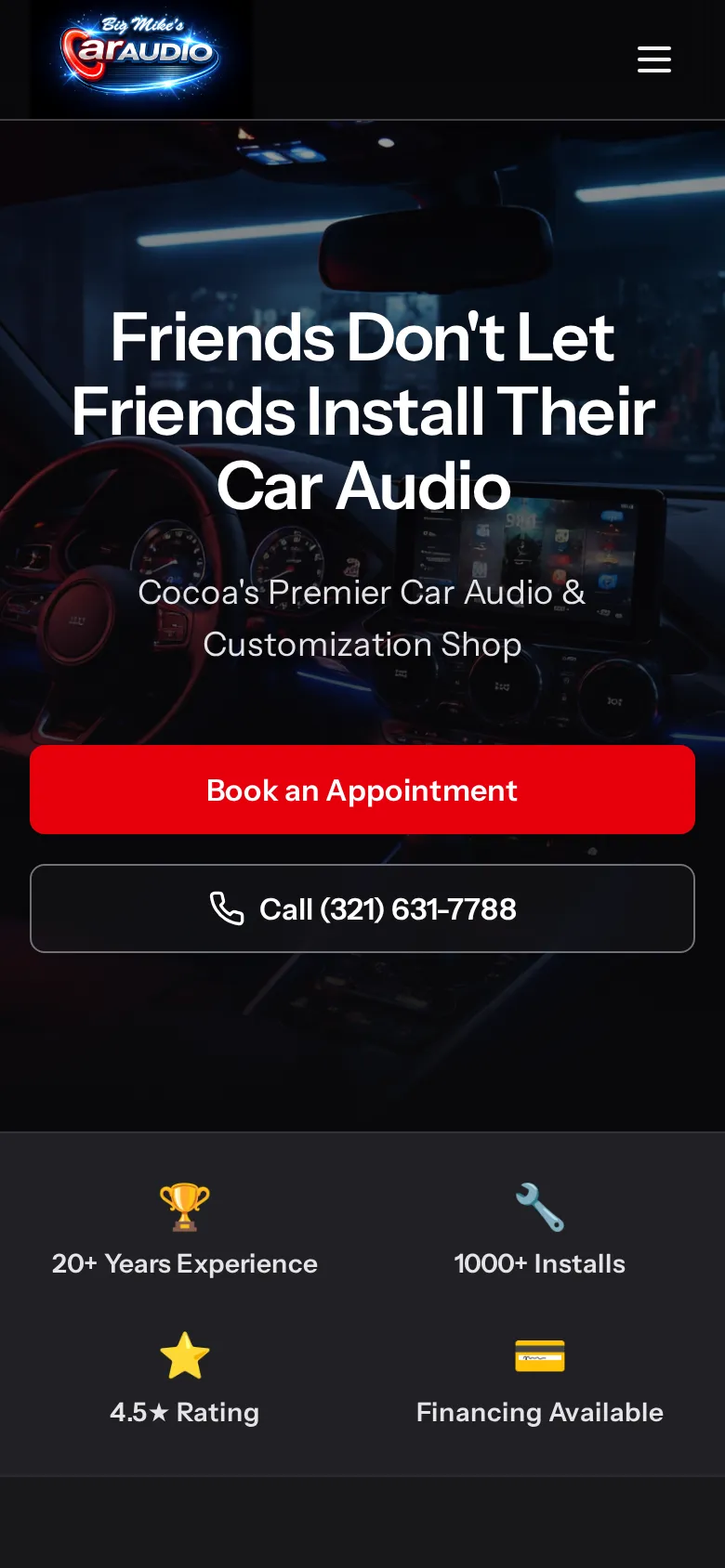 Big Mike's Car Audio on mobile — hero tagline, Book an Appointment CTA, and trust badges