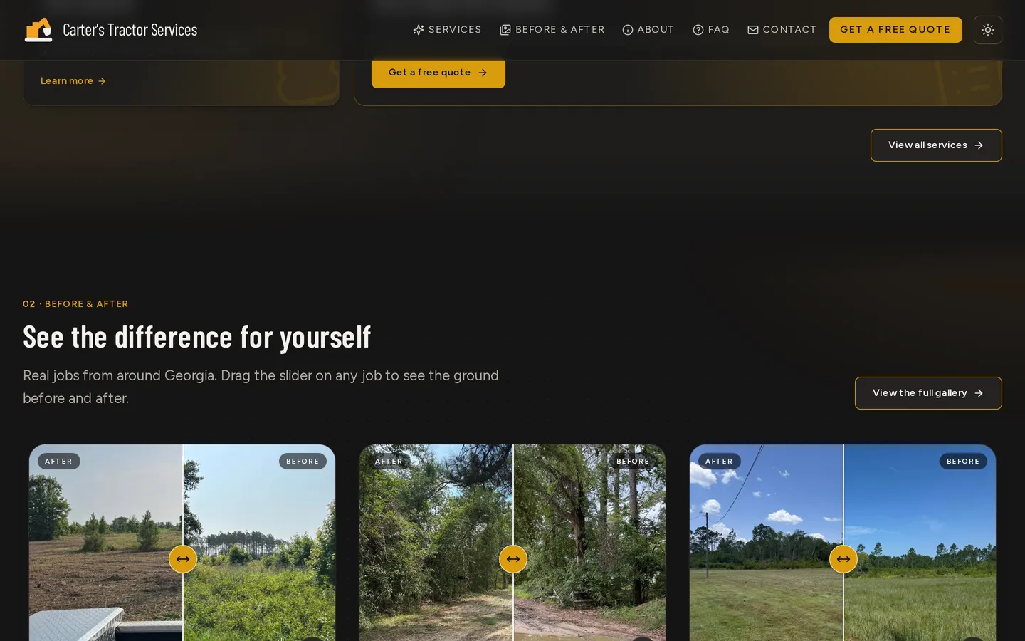 Carter's Tractor Services services section listing mulching, clearing, grading and stump grinding
