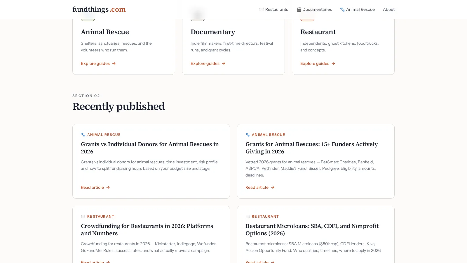 Fund Things "Browse by who you are" section with restaurant, documentary, and animal-rescue verticals