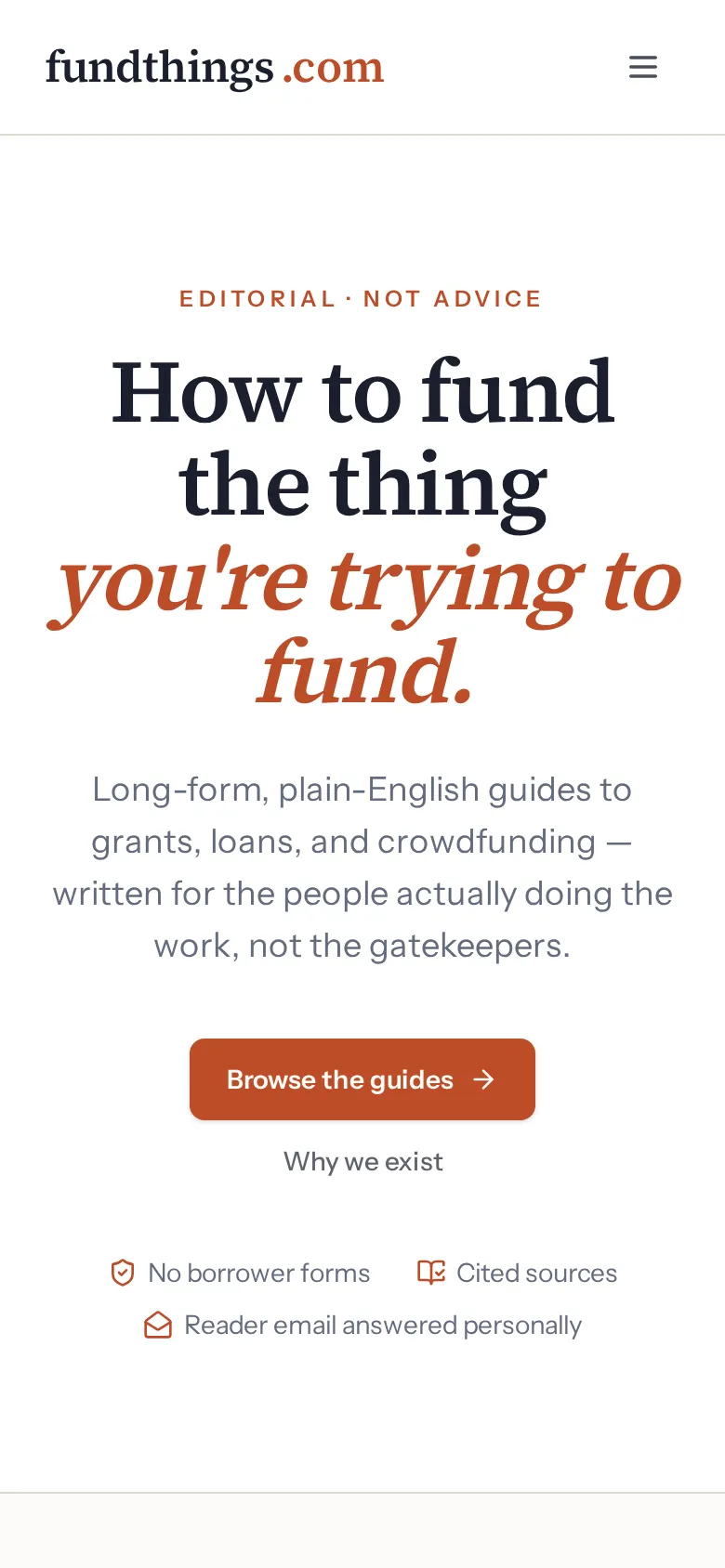 Fund Things on mobile — plain-English funding guides hero