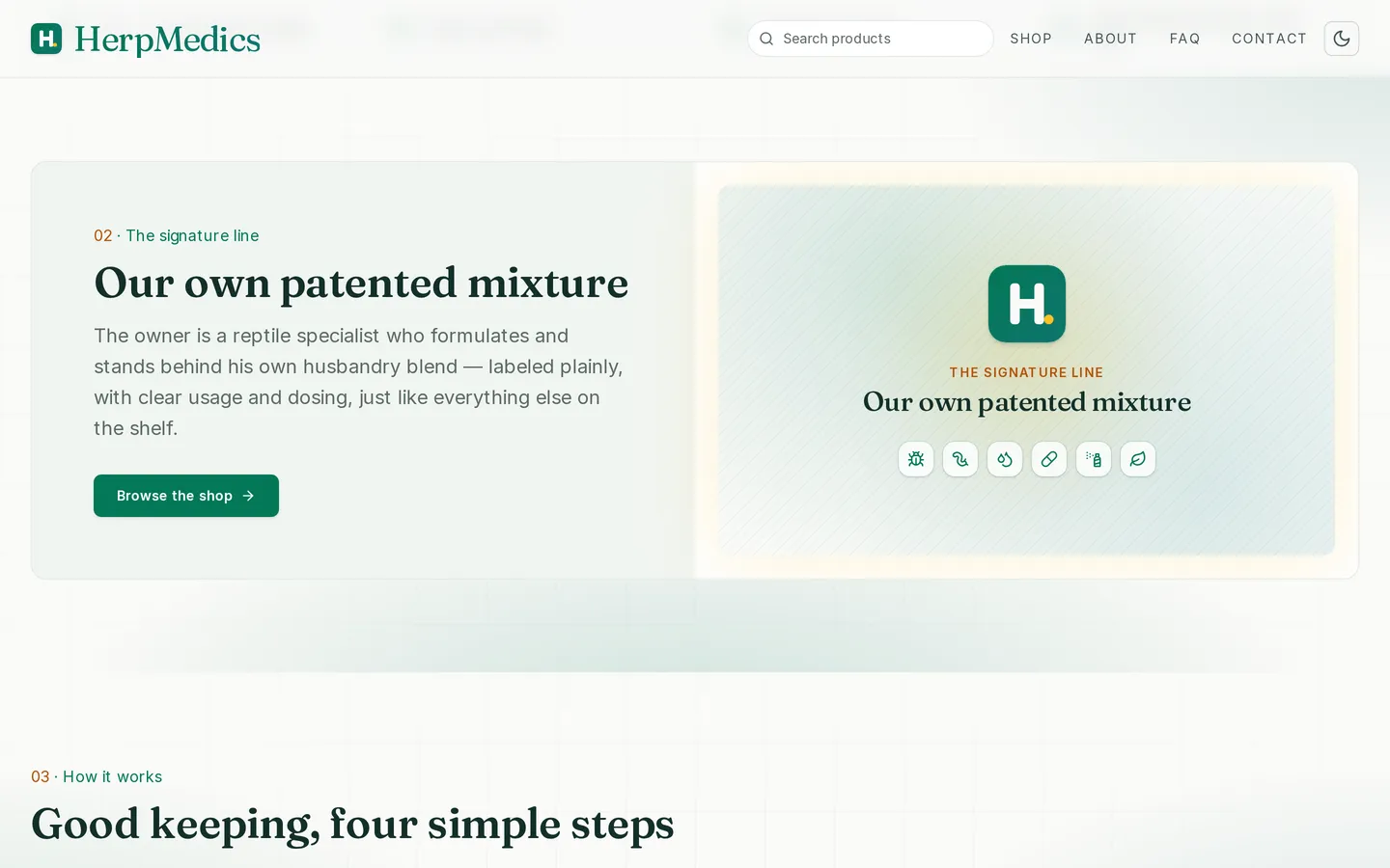 HerpMedics homepage with the headline "Reptile health, made simple." above product search and trust badges
