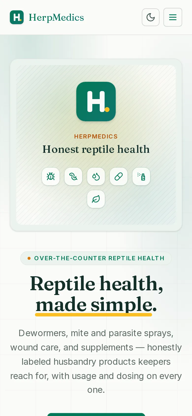 HerpMedics on mobile — reptile health storefront with search and shop navigation