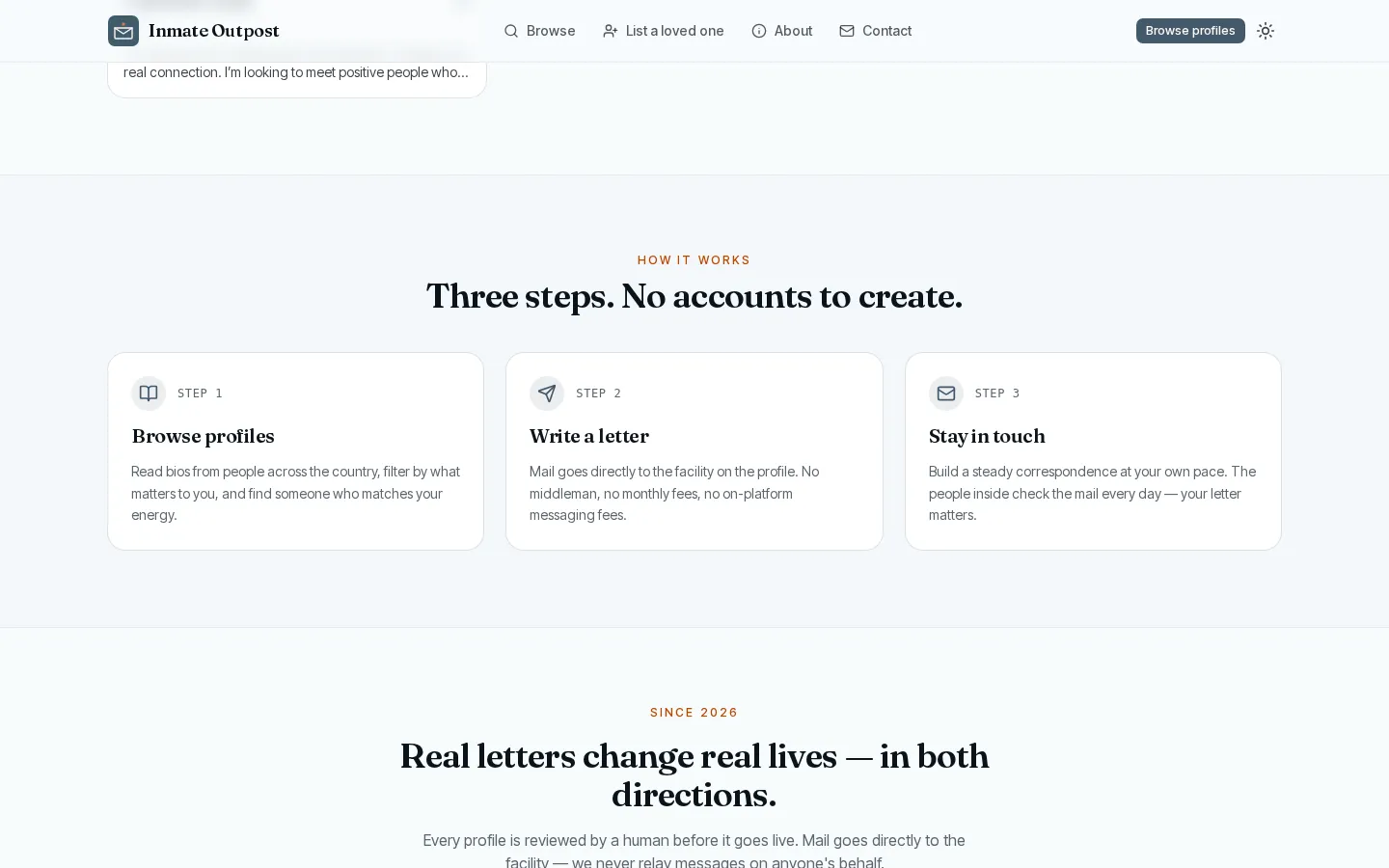 Inmate Outpost "how it works" — three cards, Browse profiles, Write a letter, Stay in touch, under the heading "Three steps. No accounts to create."