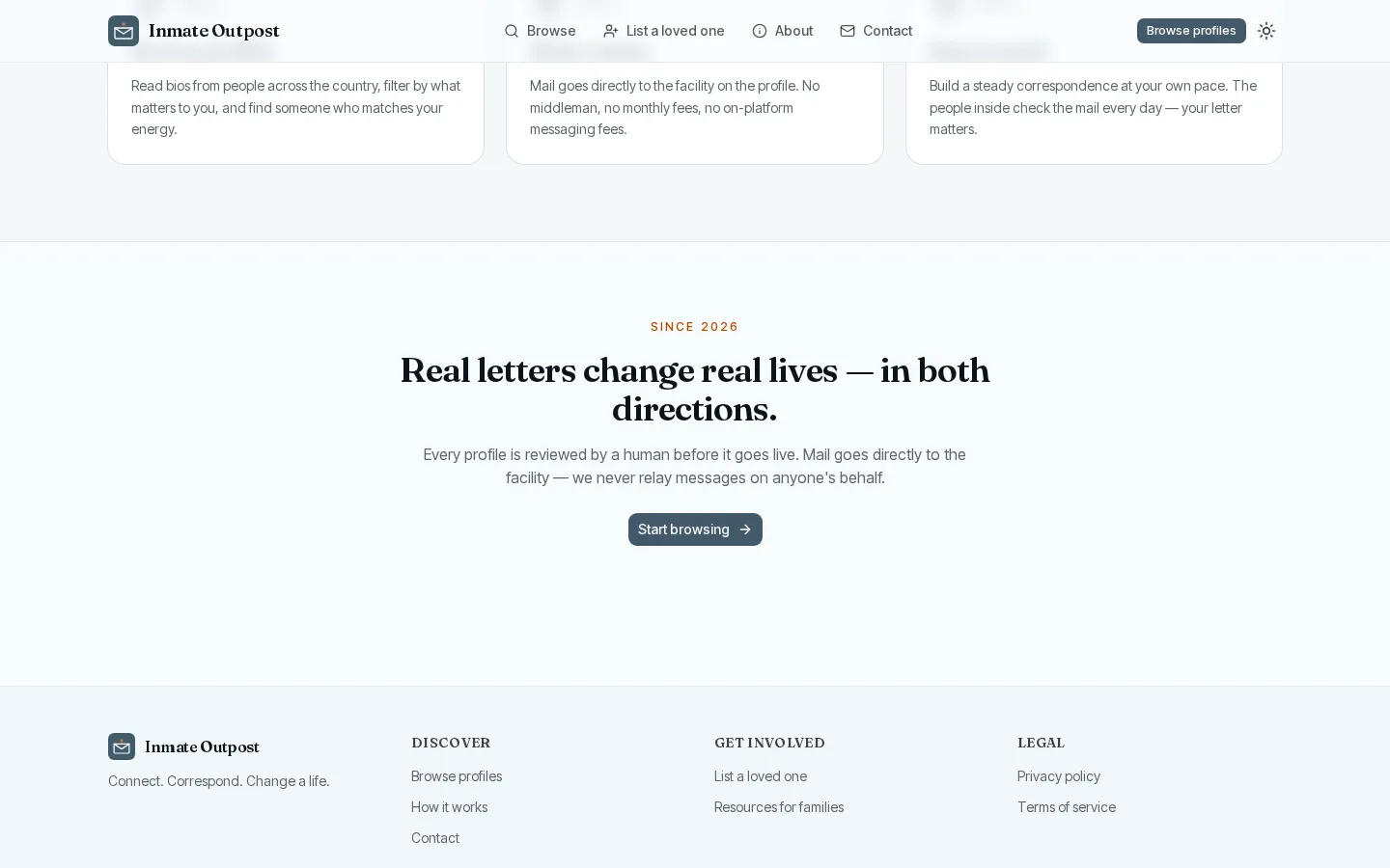 Inmate Outpost trust section — "Real letters change real lives — in both directions," noting every profile is human-reviewed and mail goes directly to the facility