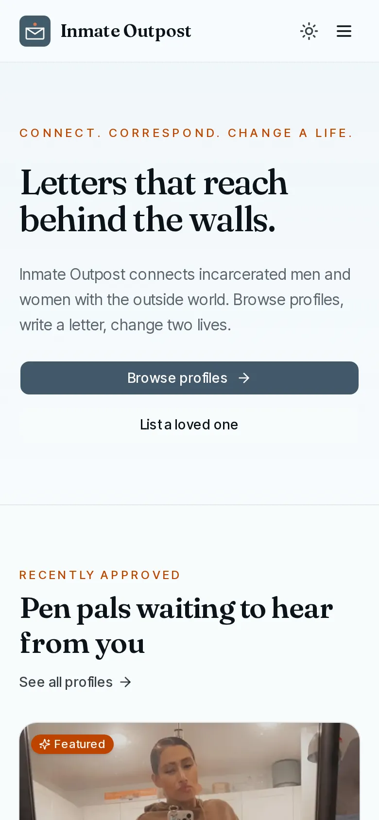 Inmate Outpost on mobile — "Letters that reach behind the walls" with Browse profiles and List a loved one buttons