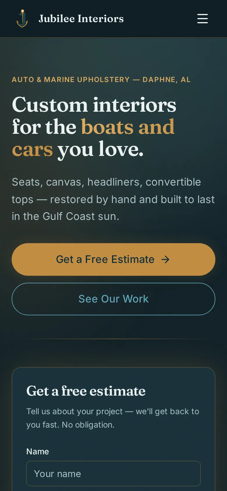 Jubilee Interiors on mobile — auto and marine upholstery hero with a get-a-free-estimate button