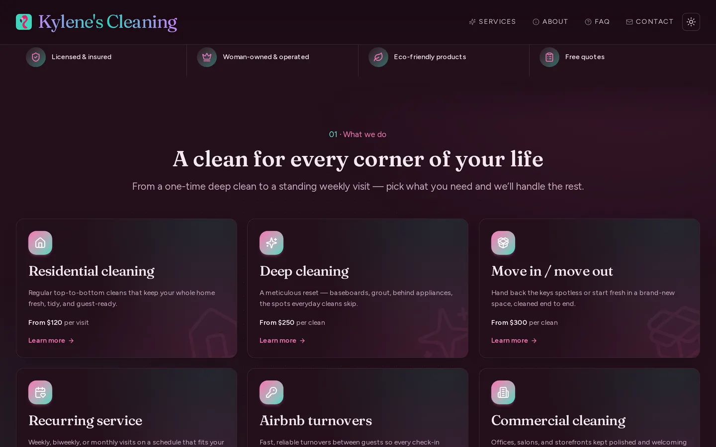 Kylene's Cleaning homepage with the headline "Cleaning that makes your home sparkle." above quote and call-or-text buttons