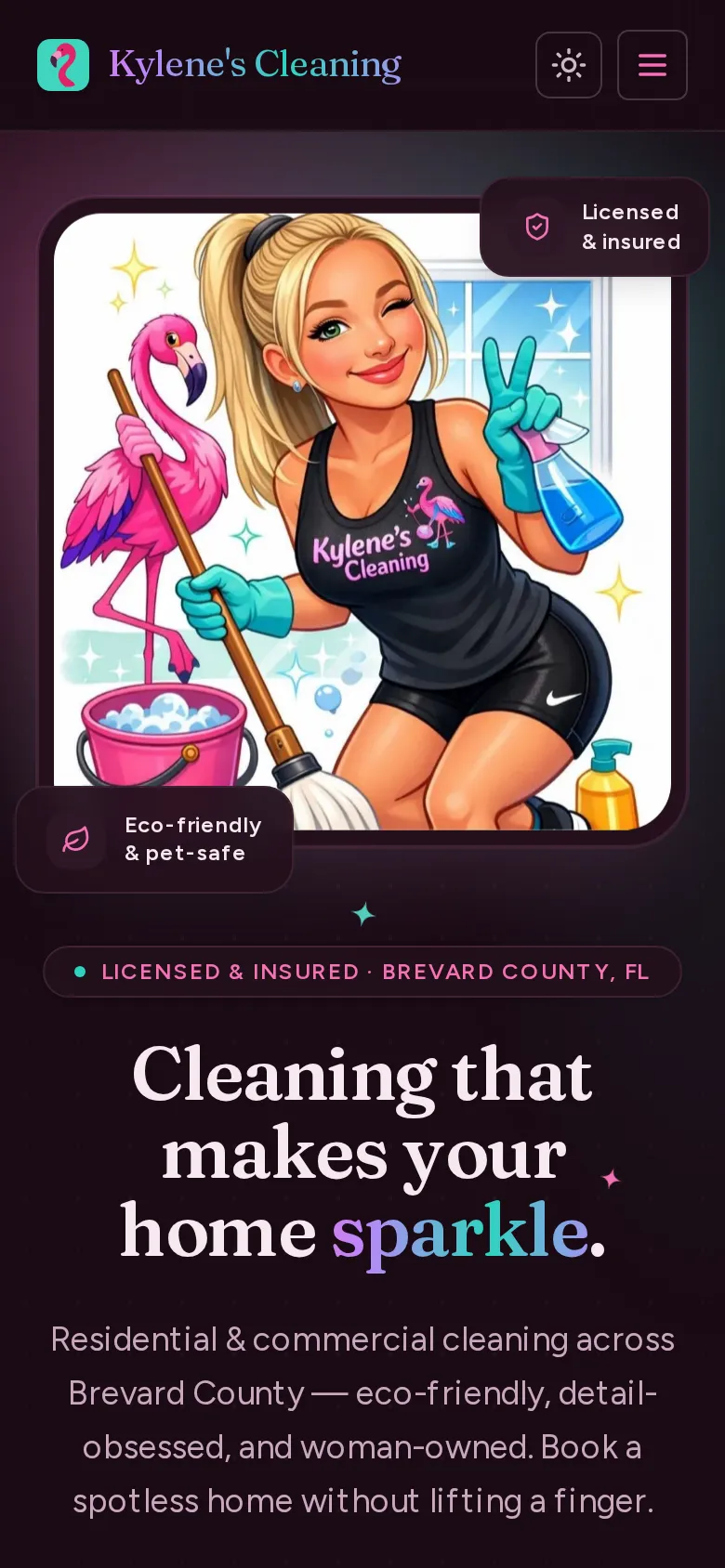 Kylene's Cleaning on mobile — Brevard County cleaning hero with a get-a-free-quote button
