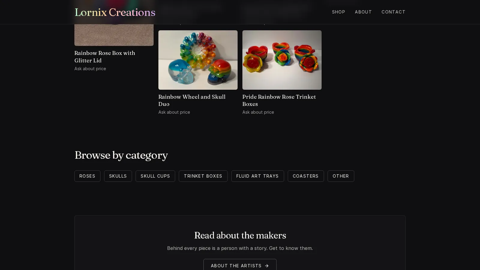 Lornix Creations "Recent pieces" grid showing handmade resin trays, cups, and trinket boxes
