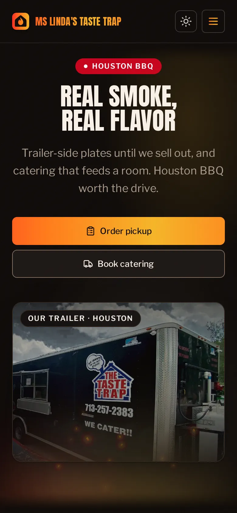 Ms Linda's Taste Trap on mobile — Houston BBQ hero with order pickup and book catering buttons