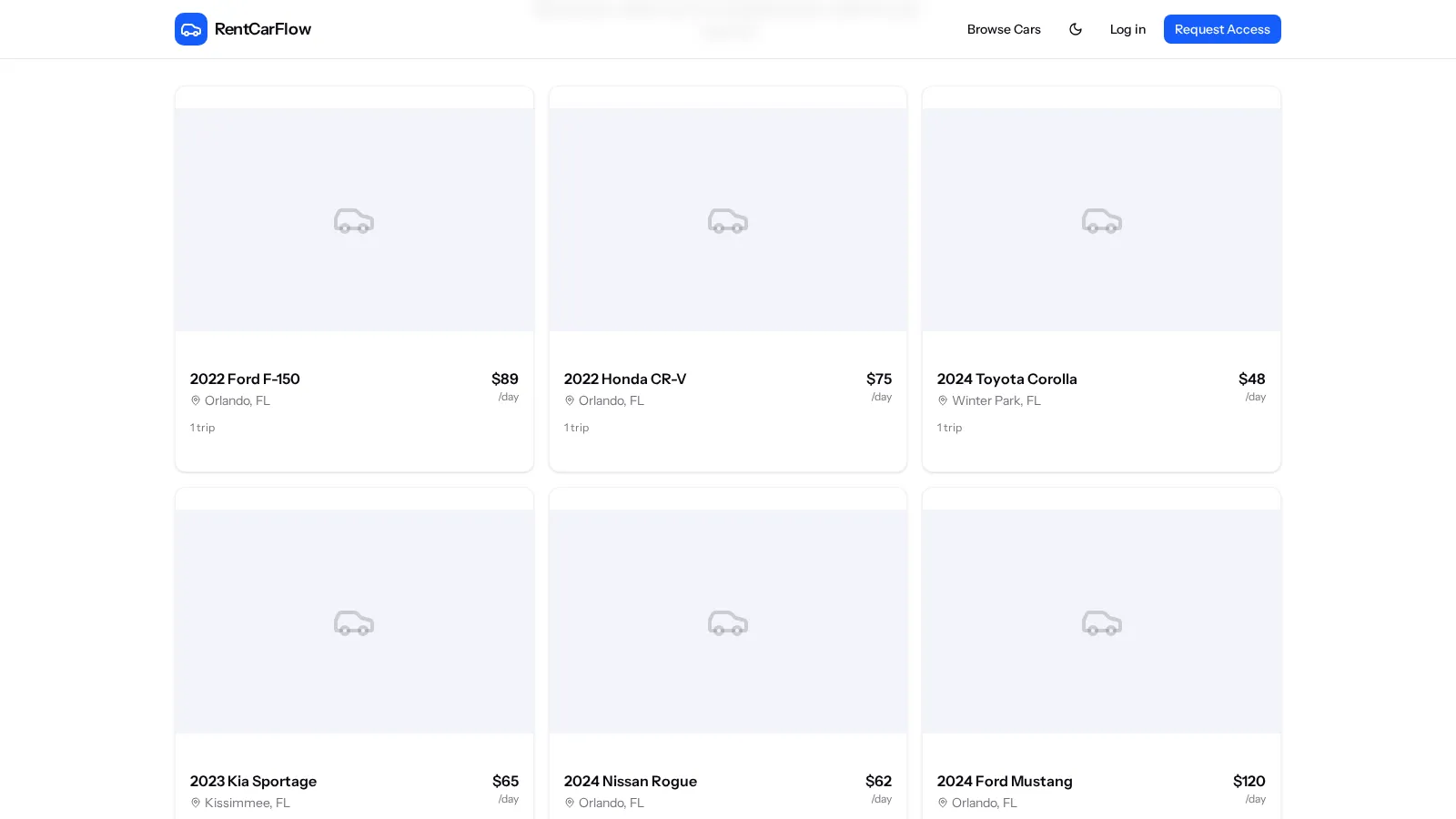 RentCarFlow featured vehicles section with cars listed by local owners