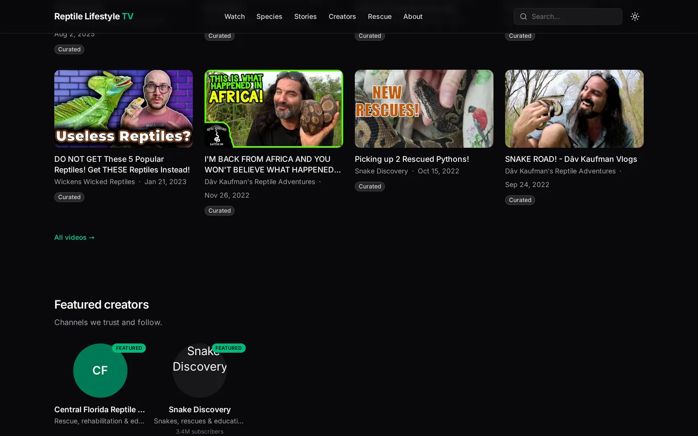 Reptile Lifestyle TV video wall of curated reptile videos from channels including Wickens Wicked Reptiles and Dāv Kaufman, with featured creators Central Florida Reptile and Snake Discovery