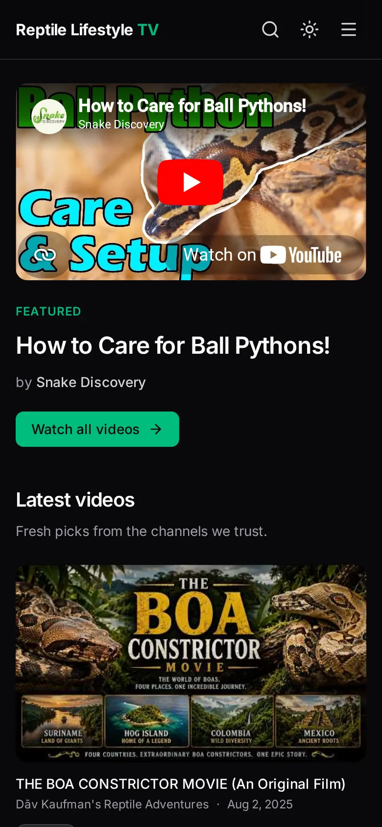 Reptile Lifestyle TV on mobile — dark theme, featured "How to Care for Ball Pythons" video, and a latest-videos feed