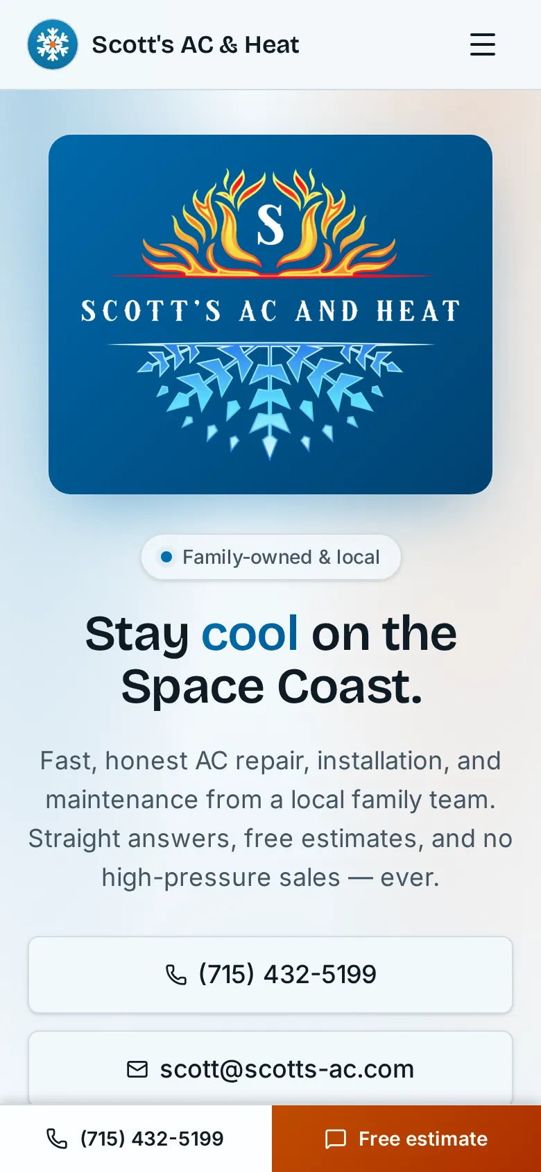 Scott's AC and Heat on mobile — flame-and-snowflake logo, "Stay cool on the Space Coast" headline, call and email buttons, sticky bottom action bar