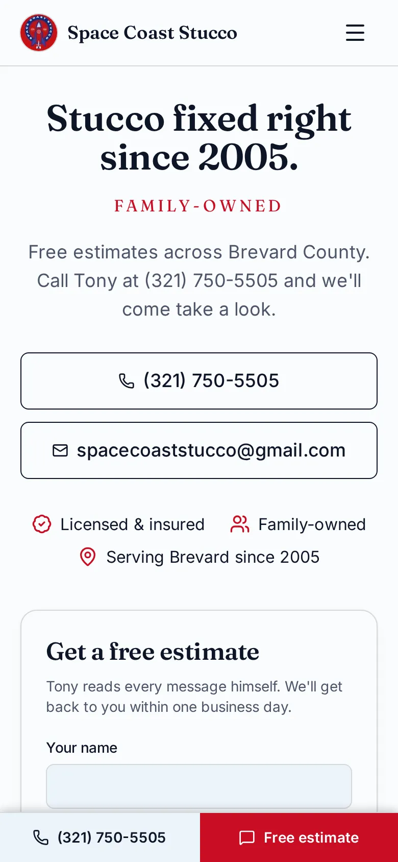 Space Coast Stucco on mobile — family-owned stucco contractor hero with tap-to-call