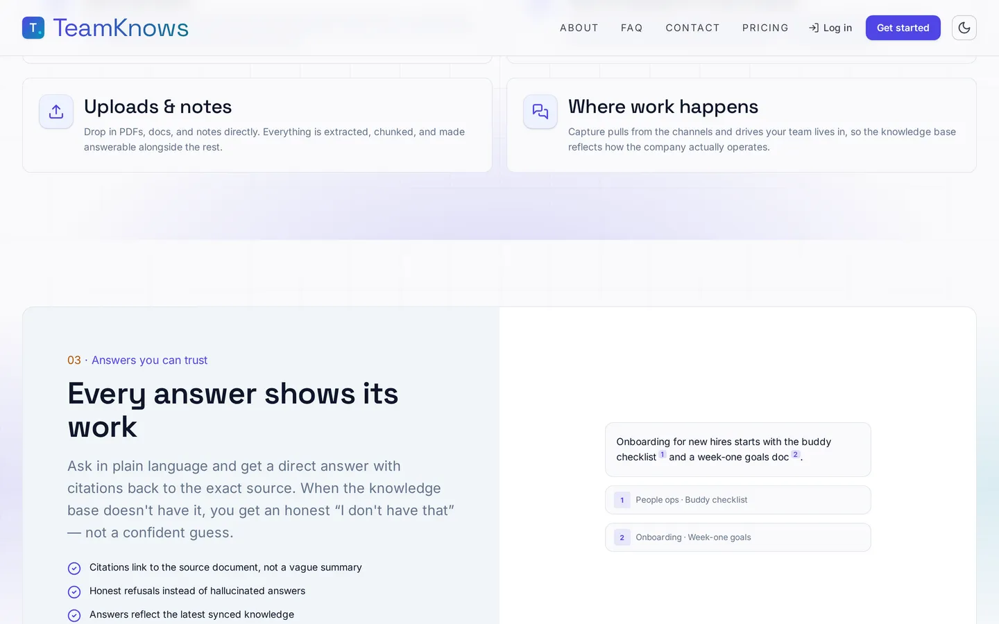 TeamKnows features section explaining continuous capture, cited answers and data ownership