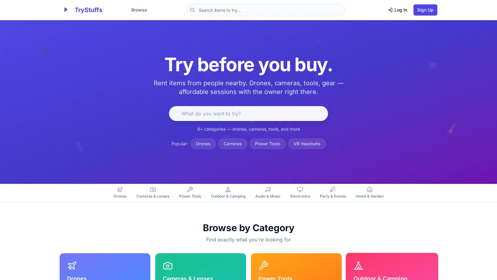 TryStuffs homepage with the headline "Try before you buy." above a search bar and category chips for drones, cameras, tools, and gear