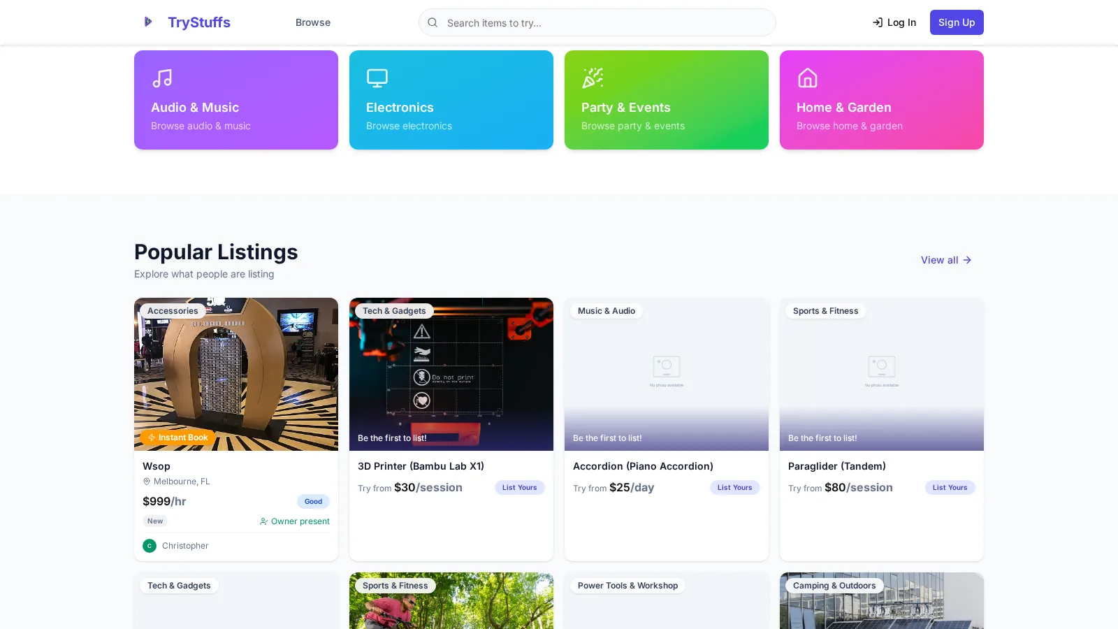 TryStuffs "Browse by Category" grid showing Drones, Cameras & Lenses, Power Tools, and other rental categories