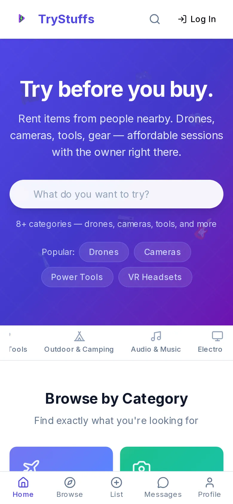 TryStuffs on mobile — peer-to-peer gear rental search