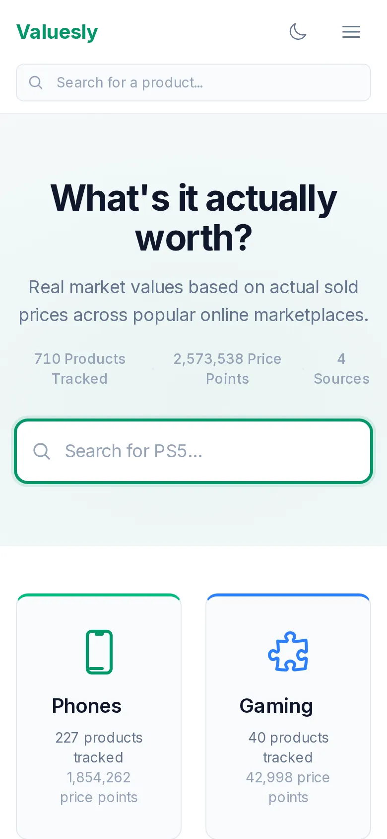 Valuesly on mobile — product search and tracked categories