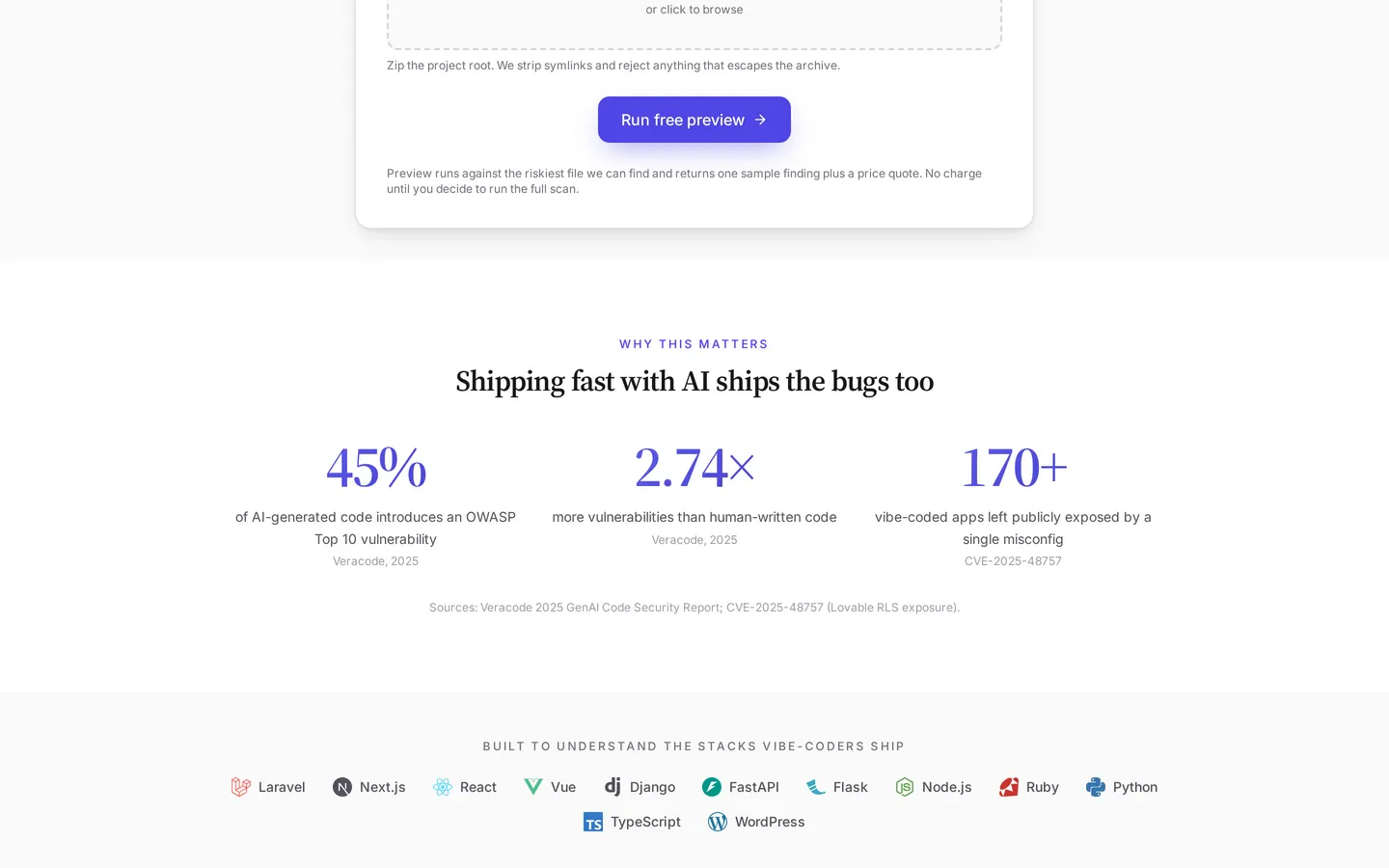 Vibecoded Scanner "why this matters" stats — 45% of AI code introduces an OWASP Top 10 vuln, 2.74x more vulnerabilities than human-written code, 170+ apps exposed by a single misconfig