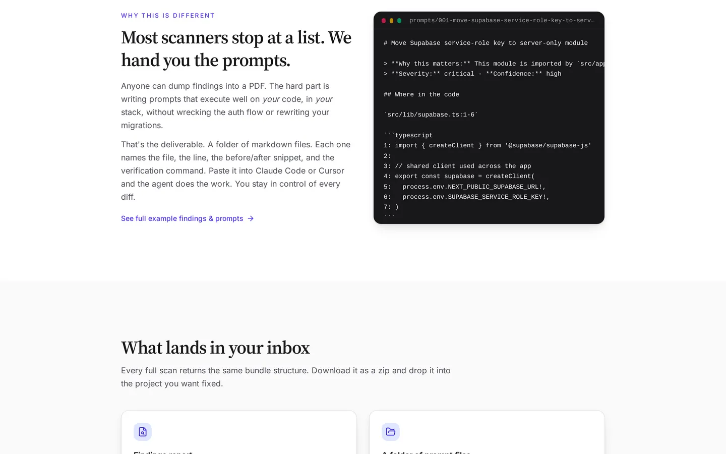 Vibecoded Scanner explainer — "Most scanners stop at a list. We hand you the prompts." — beside a terminal showing a generated prompt file naming the file, line, and fix
